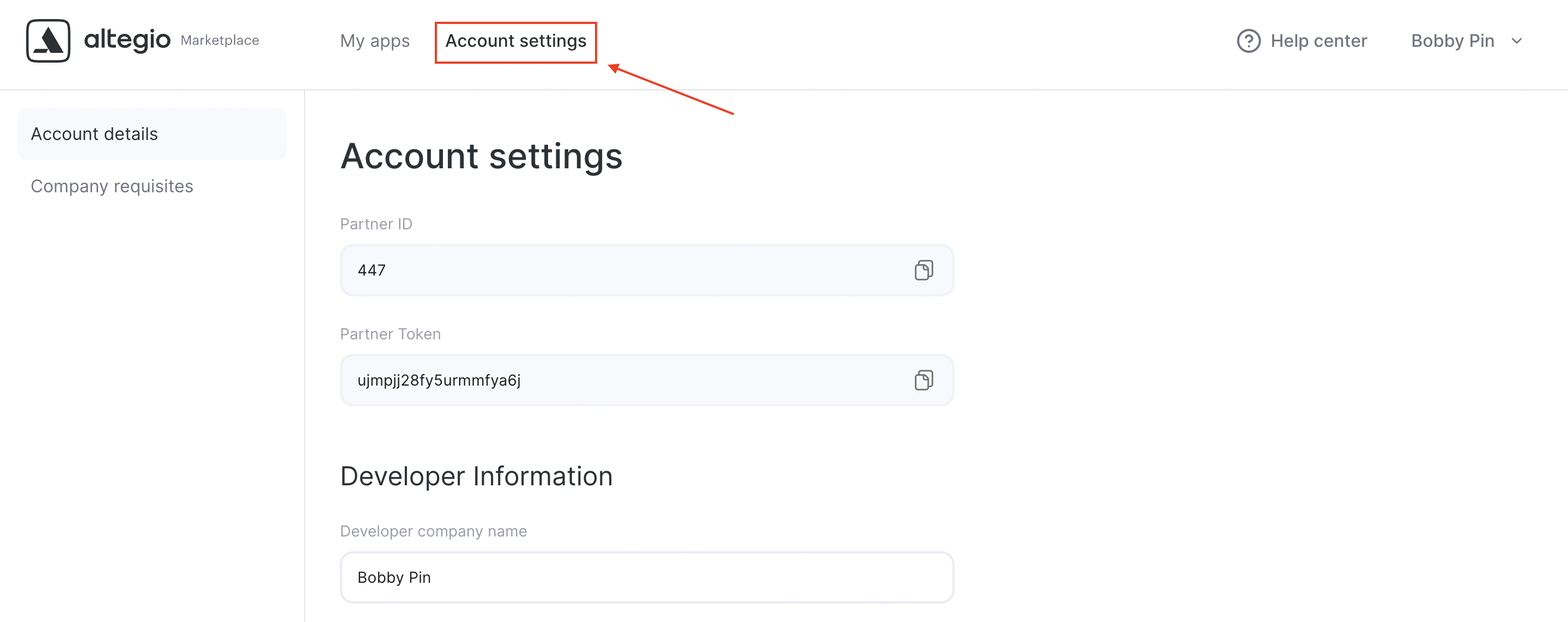 Account settings section showing API key
